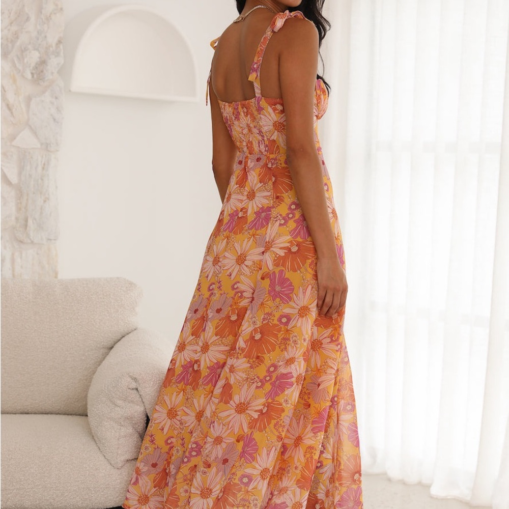 Hello Molly Orange Floral Maxi Dress Tie Strap Boho Vacation Resort NWT Large - Picture 2 of 9